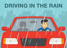 Driving On A Rainy And Slippery Road. Close-up View Of A Red Sedan Car Driver Looking Left. Flat Vector Illustration Template.