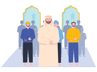 Muslim people performing taraweeh prayer night during ramadan. Taraweeh prayers congregation in the mosque. Ai vector illustration