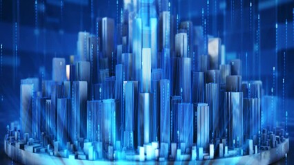 Wall Mural - Holographic digital city buildings, high-tech wireframe cities. futuristic big data city buildings, Sci-Fi city spin.