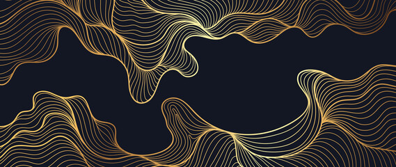 Wall Mural - Elegant abstract line art on dark background. Luxury hand drawn and golden texture with gold wavy line. Shining wave line design for wallpaper, banner, prints, covers, wall art, home decor.
