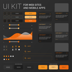 Orange color dark UI kit with buttons, search form, statistic element, and cards for web site design and mobile apps. Static hover and pressed elements, hex color scheme.