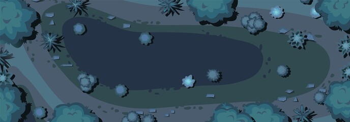 Wall Mural - night plant landscape top view. wild forest trees and bushes. dark twilight garden. illustration in 