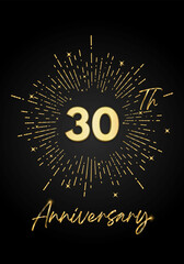 Wall Mural - 30 years golden anniversary logo celebration with a firework on black background. 30 years anniversary card template. vector design for greeting cards, birthday, wedding events, and invitation card