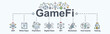 Game Fi (Game decentralized finance) banner web icon for metaverse, digital token, play to earn, blockchain, NFT, staking and pool reward. Minimal icon vector