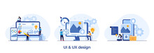 Web design, ui ux and programmer with computer, software development, flat illustration vector