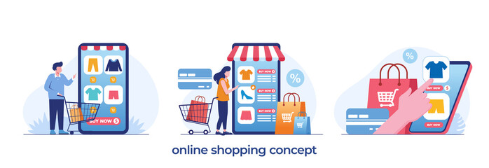 online shopping concept, e-commerce, flash sale, discount, payment cashless, digital, flat illustration vector