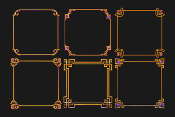 Poster - Vintage fantasy golden frames for rpg game ui design. Vector cartoon set of empty square banners with fancy golden border in medieval style and purple gems isolated on black background