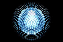 3D Illustration Of A Transparent Blue Glass  Ball  With Many Faces, Crystals Scatter   On A Dark  Background Under A White Neon Light.  Cyber Ball Shape