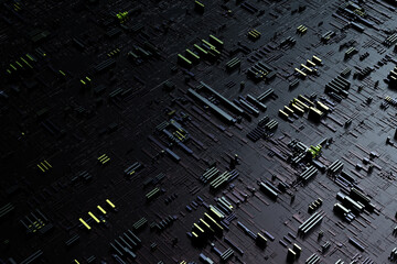 Poster - 3d illustration of a realistic model of a robot or  black cyber armor. Close-up equipment for mining crypto-bitcoin; ether. Video cards; motherboards