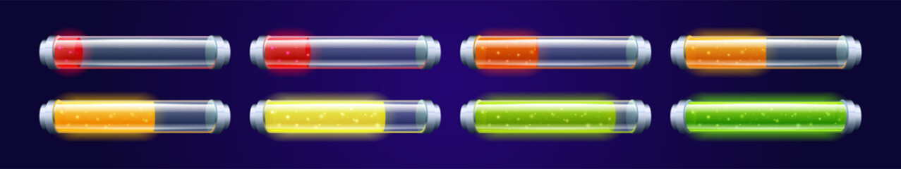 Poster - Indicator of battery charge levels. Vector realistic illustration of red, orange and green fill in glass container. Progress of mobile phone energy recharge from low to high