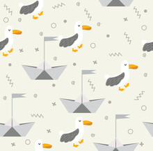  Seagulls With Paper Boat Seamless Pattern