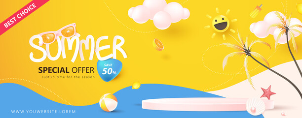 summer sale banner template for promotion with product display cylindrical shape and beach elements