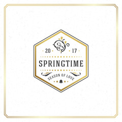 Wall Mural - Spring badge vector typographic design vintage greeting card. Golden textured background. Eps 10.