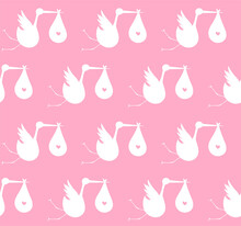 Seamless Pattern With White Storks On A Pink Background With Baby Girls. Suitable For Wallpaper, Wrapping Or Textile.	
