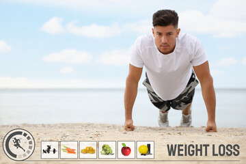 Sticker - Weight loss concept. Muscular man doing push up on beach