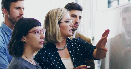 Poster - Im happy with that idea. 4K video footage of a diverse group colleagues brainstorming together on a whiteboard in a modern office.