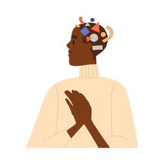 Aufkleber - Analytical mindset, thoughts, cognition concept. Person analyzing, arranging information chaos, mess in mind. Woman with geometric puzzle in head. Flat vector illustration isolated on white background