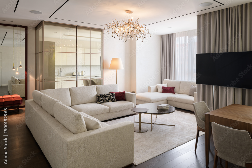 modern living room with large white sofa, luxury penthouse Stock Photo ...