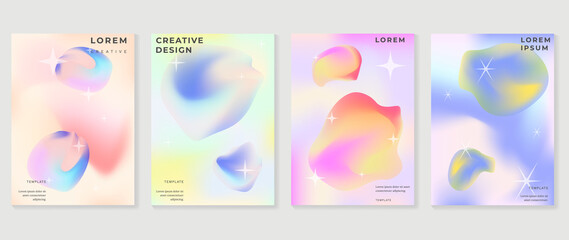 Abstract colorful gradient cover template. Set of poster design with hologram color, dynamic graphic, circle shape, dot pattern. Collection modern banners for flyer, business, ads, decoration, card.