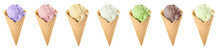 Set With Different Tasty Ice Creams In Wafer Cones On White Background. Banner Design
