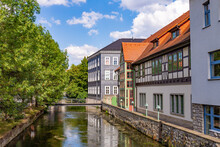 Old Historic Houses At Idyllic River Gera In Erfurt