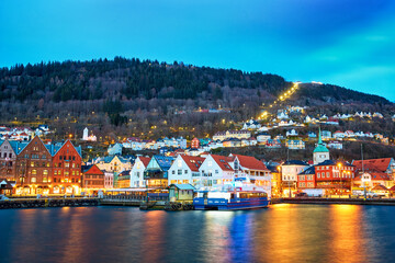 Wall Mural - Historic Bryggen area in Bergen at dusk, Norway