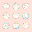 © slybrowney - Set of cute cats with flower wreath. Doodle illustration of adorable white kittens on a background of floral garlands. Vector 10 EPS.