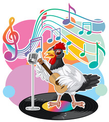 Wall Mural - Singer chicken cartoon with music melody symbols