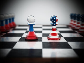 Wall Mural - Russian and American flag textured pawns on chessboard. 3D illustration