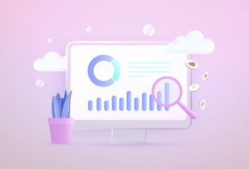 Fototapete - Business Data analysis 3d vector concept. Ecommerce Metrics, Digital Marketing analytics, seo smm or kpi business information dashboard with finance report and data statistics charts