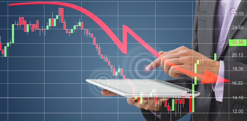 Aufkleber - Office man finger touch hud, virtual screen with stock market changes, business candlesticks graph chart. Double exposure of lines, growing numbers, online trading