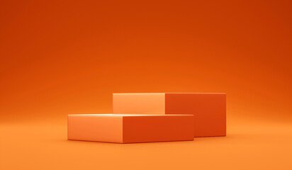 Empty orange cube podium product background 3d display platform stage of geometric stand pedestal scene studio space or blank presentation exhibition steps and mockup showcase on advertising backdrop.