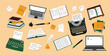 © Olga Zimina - Writing and copywriting concept. Content creation Items. Laptop, typewriter flat vector illustration. Writer's workplace. Copywriter's items.