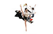 © master1305 - Young office workers jumping and dancing in busness style clothes or suit with folders and gadgets on white background. Creative collage.