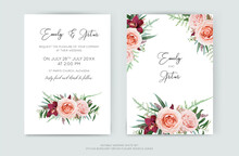 Elegant Floral Wedding Invite, Invitation, Save The Date Card Vector Template Design. Blush Pink Peach Rose Flowers, Burgundy Orchid, Tropical Leaves, Greenery Branches Bouquet Watercolor Illustration