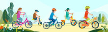 Set Of Flat Happy Kids On Bicycles On A Park Road With Flowers And Leaves. Children Riding Colorful Bikes Outdoor Sport In Natural Summer Landscape By Pathway Track Through Green. Vector Illustration.