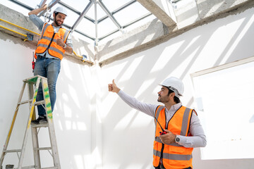 Poster - Engineer working on construction building site,Architects discussing project of building outdoors.