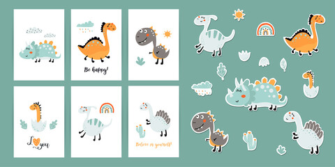 Set of posters with motivational phrases, stickers with cute dinosaurs