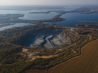 Rybalsky granite quarry. The city of Dnipro, Ukraine. Photo from the air. Open working quarry.