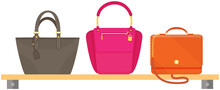 Cartoon Set Of Women Bag Vector Icon Isolated On White Background, Stylish Handbag. Ladies Handbag On Shelf In Store. Elegant Ladies Leather Bag, Female Accessories, Fashion Trendy Case With Handle