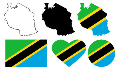 Wall Mural - United Republic of Tanzania map flag icon set isolated on white background