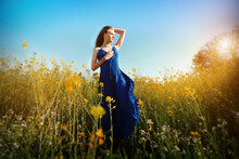 Young Beautiful Girl In A Long Blue Dress Stands Among A Field Of Flowers. Yellow Blue Flag Of Ukraine. Symbol Of Freedom, Independence. Proud Woman With A Beautiful Figure, Long Hair, Hands Raised