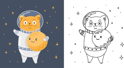 Wall Mural - Vector children's coloring book. Cute cat astronaut flies in space. Around the star and the moon smiles. Children's coloring book. Black and white and colored picture 