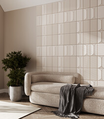 Wall Mural - White and beige bohemian interior with wall decor, plant and beige sofa.3d rendering