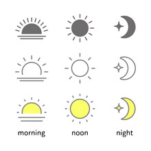 太陽と月の朝昼晩の時間、日の出と日中と夜間のベクターアイコンイラスト素材