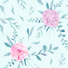 Watercolor Hand Painted Seamless Pattern With Pink Flowers Hydrangea And Peony