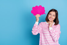 Photo Of Cute Millennial Brunette Lady Think Wear Sweater Isolated On Blue Background