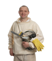 Wall Mural - Beekeeper in uniform with tools on white background