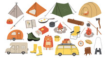 Camping Kit Vector. Camping Gear Set. Hiking, Holiday Trip, Picnic, Survival In Wild, Fishing, Local Travel, Trekking Concept. Countryside And Nature Vacation, Tourism. Outdoor Recreation