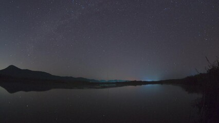 Wall Mural - 4k timelapse video motion and lake of beautiful star trails and space dust in the universe, long spe